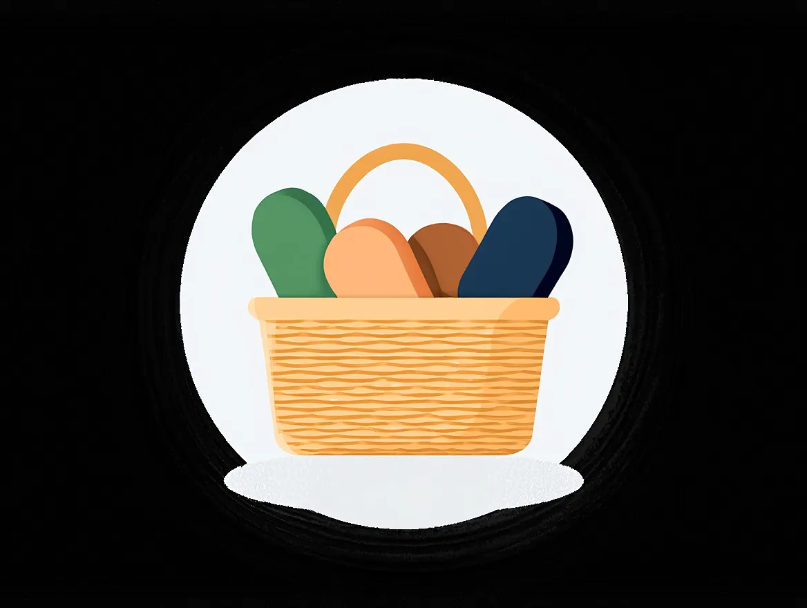 Handheld basket with curved handle containing a green oval and three round items in peach, brown, and navy