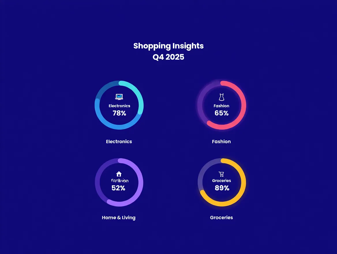 Trend analysis chart with four circular graphs representing different categories of shopping insights